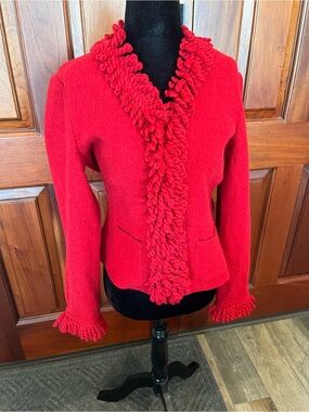 Vintage Talbots 100% Boiled Red Wool Fringe  Jacket Button Front Petite S